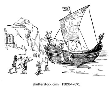 The lady is seen holding the baby in her hands in the ship. As per Norse mythology, it is said that this ship arrives sailing by itself and baby is Vali, the sunshine god, vintage line drawing