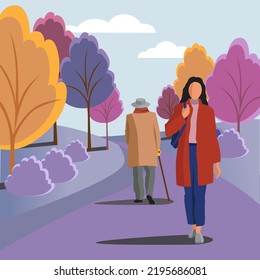 A lady and a senior man walking in the autumn park vector illustration