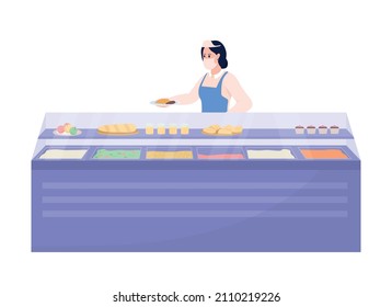 Lady Serve School Lunch Semi Flat Color Vector Character. Standing Figure. Full Body Person On White. Dining Isolated Modern Cartoon Style Illustration For Graphic Design And Animation