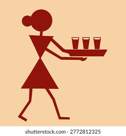 Lady serving water in glass on a tray, Indian tribal art warli showing food illustration for restaurants, cafes, and Decor.