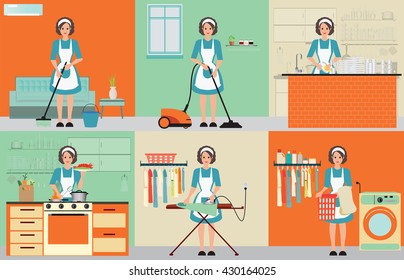 Lady set of housewife cleaning, ironing, cooking and washing with equipment working at home, woman housewife set character vector illustration.