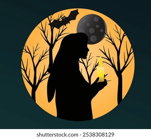 Lady shadow holding a candle with a scary moon, trees, bat