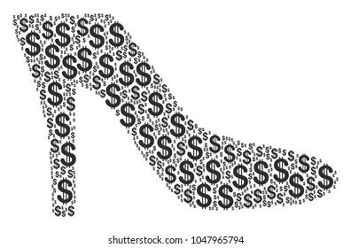 Lady Shoe collage of american dollars. Vector dollar currency icons are organized into lady shoe collage.