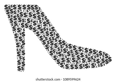 Lady shoe composition of dollars and sphere points. Vector dollar symbols are composed into lady shoe mosaic.