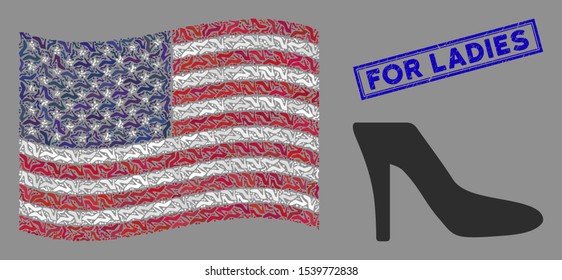 Lady shoe icons are arranged into USA flag abstraction with blue rectangle grunge stamp seal of For Ladies text. Vector collage of USA waving official flag is created of lady shoe items.