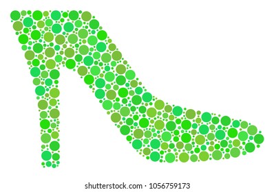 Lady Shoe mosaic of dots in different sizes and fresh green shades. Vector dots are grouped into lady shoe composition. Ecological design concept.