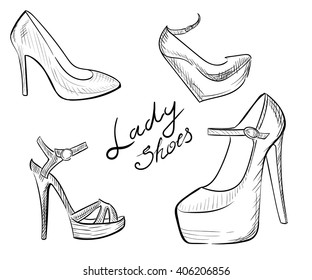 Lady shoes Sketched woman's shoe vector illustration collection of fashion high heels shoes