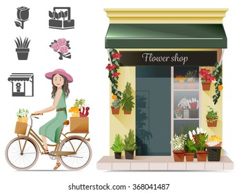 Lady shopping flowers by a bicycle.Conservatives urban concept. Exercise in routine. Basic icon for flower shop.