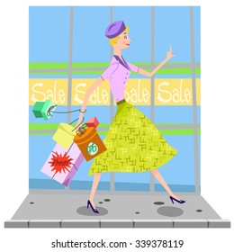 Lady in a shopping spree carrying lots of shopping bags on a sidewalk in front of a storefront with sale signs (Fifties style)
