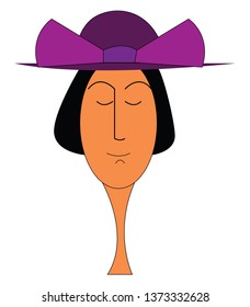 A lady with short black hair having her eyes closed wearing a large purple hat with a huge purple bow on it vector color drawing or illustration 