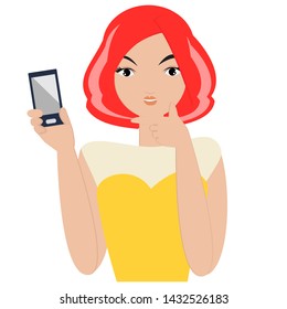 Lady showing mobile phone character. Vector isolated illustrations.