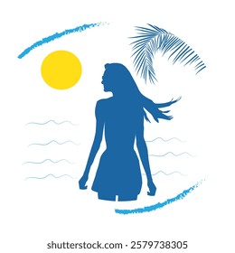 lady silhouette with blowing hair on summer beach vacation