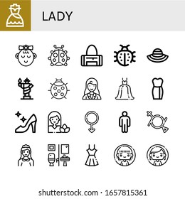 lady simple icons set. Contains such icons as Dress, Girl, Ladybug, Sport bag, Sun hat, Statue of liberty, Businesswoman, Wedding dress, High heels, can be used for web, mobile and logo