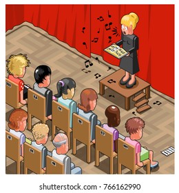 Lady singing a solo in front of a stunned audience (isometric illustration)
