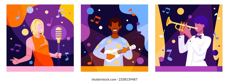 Lady singing song in microphone on party. American male holding ukulele and playing song. Stylish musician playing on trumpet. Concept of creating music. Flat vector illustration in cartoon style