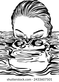 Lady is sinking into a water with skull reflection on water