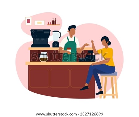 Lady sits near the bar and ordering drink in coffee shop. Experienced coffee shop workers serving clients. Process of making cappuccino at coffee shop. Small business owner. Vector flat illustration