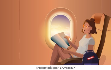 Lady is sitting in airplane looking out at shiny sun through window. Vector flat style cartoon illustration