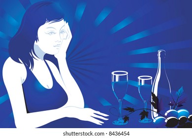 lady sitting alone near a table in radiant blue background	