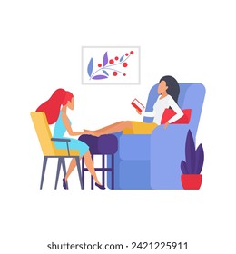 Lady sitting in chair of beauty salon for pedicure, female client reading book during procedure vector illustration