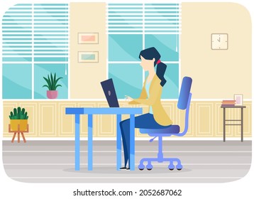 Lady sitting with computer at workplace. Woman with laptop surfing internet, working. Female manager uses technology, electronics for work. Employee typing on keyboard, working at her office