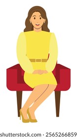 Lady sitting with manner isolated illustration. Sitting  with slant legs etiquette posture.