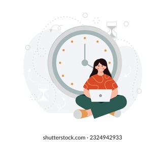 Lady sitting near big clock and working on laptop, showing good productivity performance. Male managing working schedule. Efficiency in business. Process of active work. Vector illustration