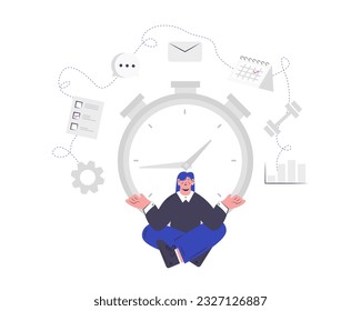 Lady sitting near clock, planning week, rest and work time. Female sitting near clock and meditating. Time management concept. Vector flat illustration in blue and gray colors