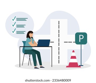 Lady sitting near laptop and learning rules at driving school. Theory and practice. Preparation for obtaining driver license. Flat vector illustration in blue colors