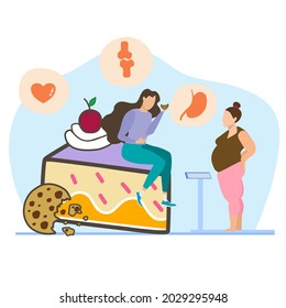 A lady sitting on big cake eating croissant. The plump lady standing on weight scales, refer to eat too much sweet not good for health with elements of cookies, bones in bubble, stomach in bubble