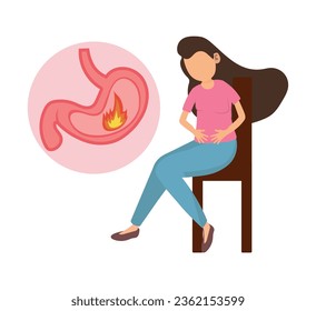 A lady sitting on chair touching at stomach, heartburn stomach and acid reflux, Common symptoms condition where some of stomach content travel back up to esophagus.