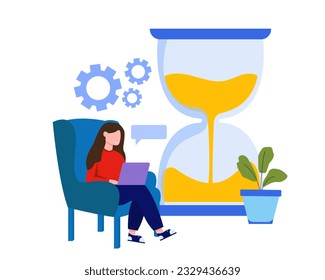 Lady sitting on chair and working, develops. Work process. Planning and performing tasks concept. Fixation of project implementation, time control. Vector flat illustration in blue colors