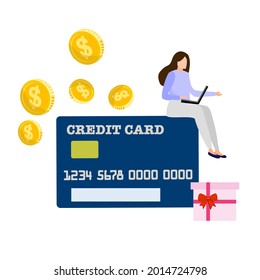 A lady sitting on credit card next to present box and gold coins, online shopping concept