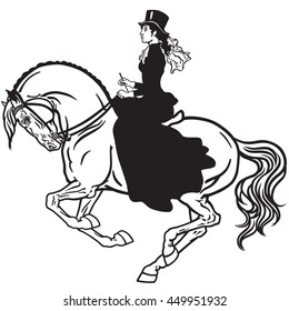 Lady Sitting On A Horse. Woman Side-saddle Horseback Riding. Black And White Isolated Vector