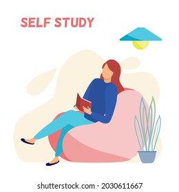 A lady sitting and reading book on pink couch, with elements of flower pot and light bulb, self study concept, everyone can learn, relax and comfortable place 