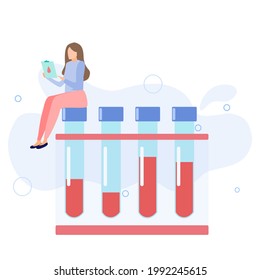 A lady sitting and reading document report on a blood sample tube, experiment, blood testing concept, group blood type, blood disease prevention
