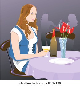Lady sitting in a restaurant and drinking wine	
