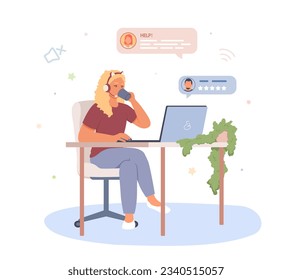 Lady sitting at table with laptop and drinking tea, chatting with client. Hotline operators, technical global support. Consultation and help for customers. Flat vector illustration in cartoon style