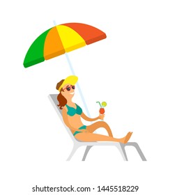 Lady sitting under umbrella making shade vector. Woman on vacation drinking cocktail and enjoying summer, summertime holidays of female in swimsuit