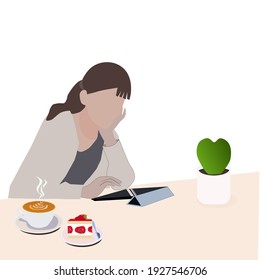 The lady sitting to working inside home and coffee on the table holding coffee cup some one time.work from home.