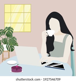 The lady sitting to working inside home and coffee on the table holding coffee cup some one time.work from home.