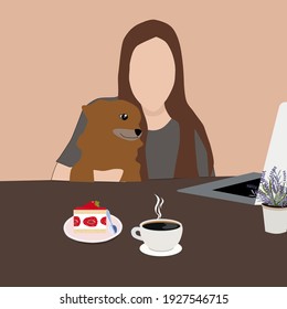 Die Dame saß zu Hause zu arbeiten und Kaffee auf dem Tisch, der eine Kaffeetasse hält einige einmal.Arbeit von zu Hause aus.