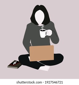 The lady sitting to working inside home and coffee on the table holding coffee cup some one time.work from home.