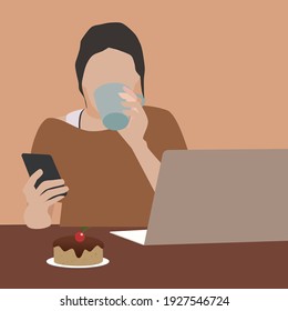 The lady sitting to working inside home and coffee on the table holding coffee cup some one time.work from home.