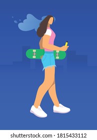 A lady with a skate goes and smokes a VAPE. Vector illustration on blue background.