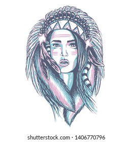Lady sketch Illustration with apache Indian theme, looks good in t-shirt prints