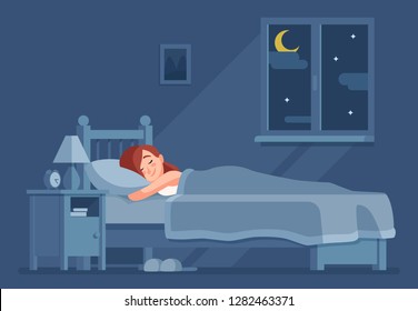 Lady sleeping at night. Woman sleep in bed under duvet. Girl bedroom home interior, bedding sleeping dream relax cartoon vector concept