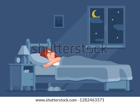 Lady sleeping at night. Woman sleep in bed under duvet. Girl bedroom home interior, bedding sleeping dream relax cartoon vector concept