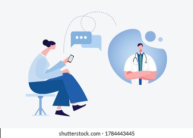 A lady with a smartphone consulting with a doctor .Online consultation doctor concept. Flat design concept of online medicine and healthcare application over the Internet. Doctor online vector.