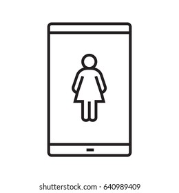 Lady smartphone linear icon. Thin line illustration. Smart phone with woman contour symbol. Vector isolated outline drawing